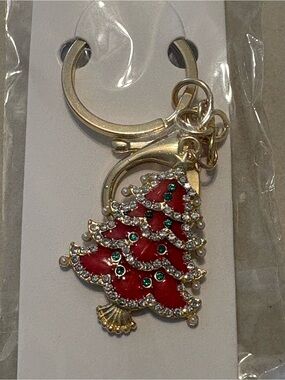 Gold-Tone Red Christmas Tree Keychain with Green Accents NWT